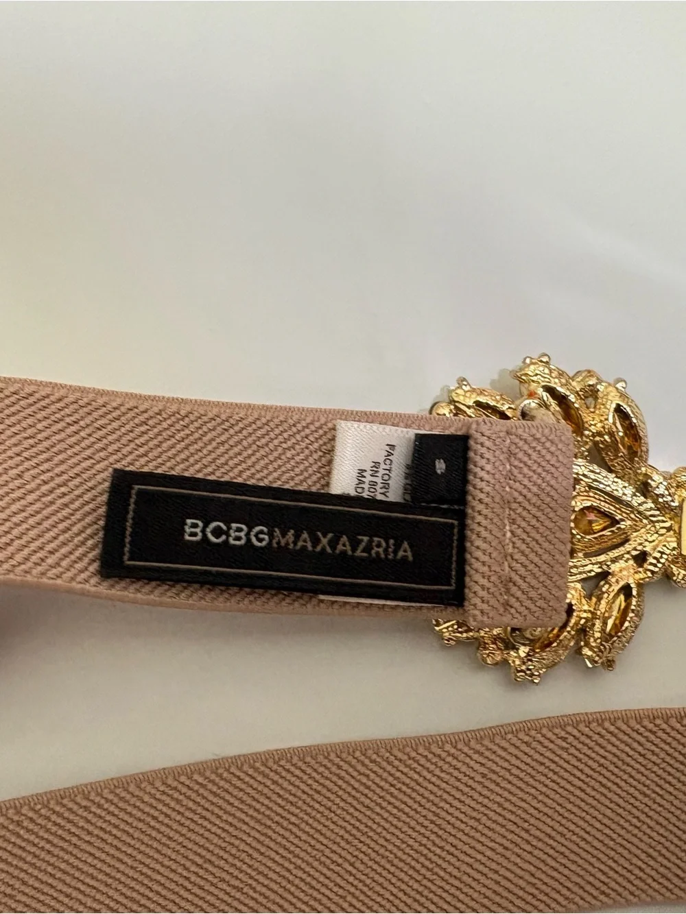 BCBGMAXAZRIA Nude Blush Stretch Belt Gold Jeweled Embellished Front Closure S